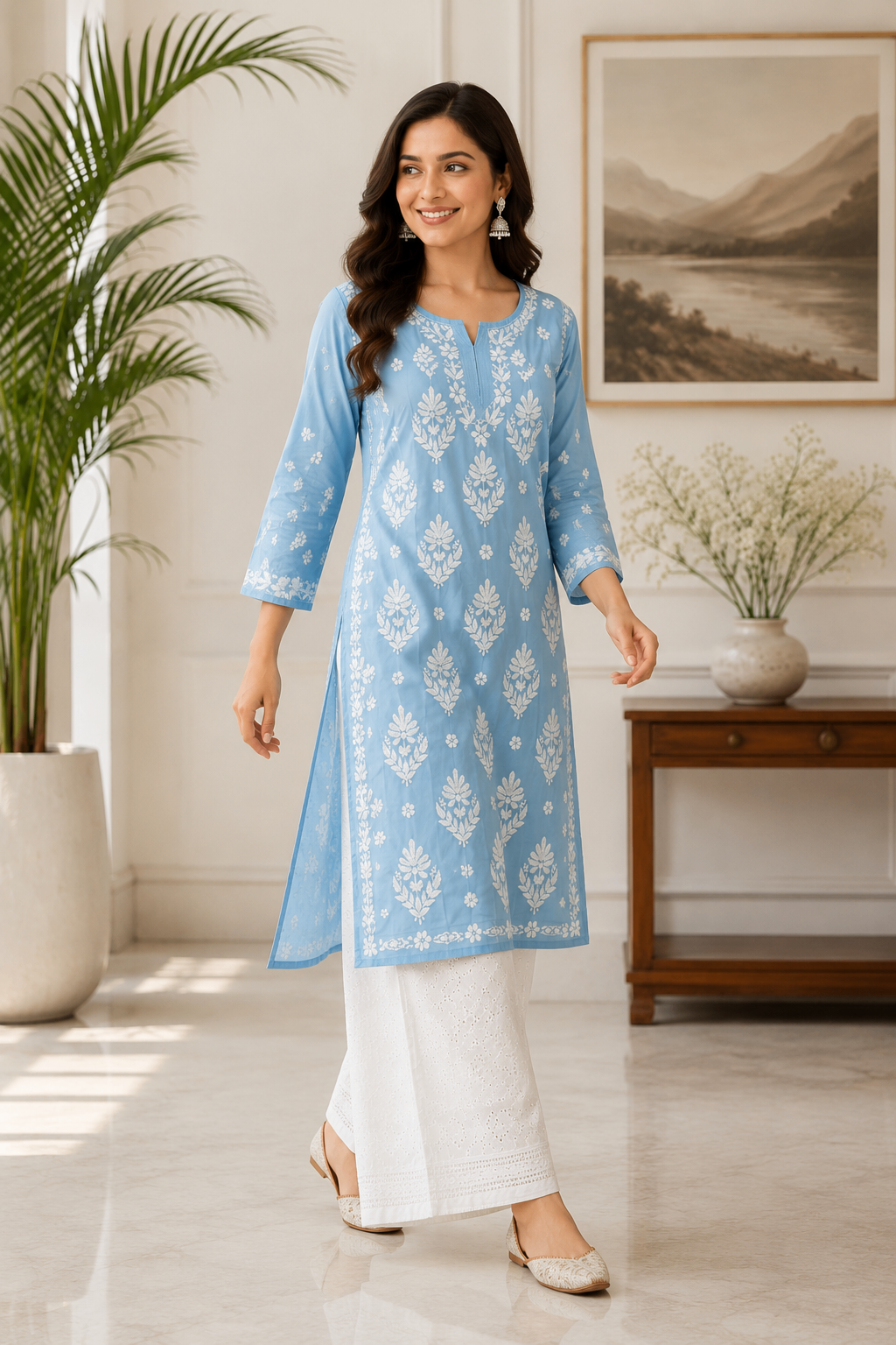 Karigiri Sky Blue Chikankari Soft Mulmul Cotton Kurti Women_KF0182
