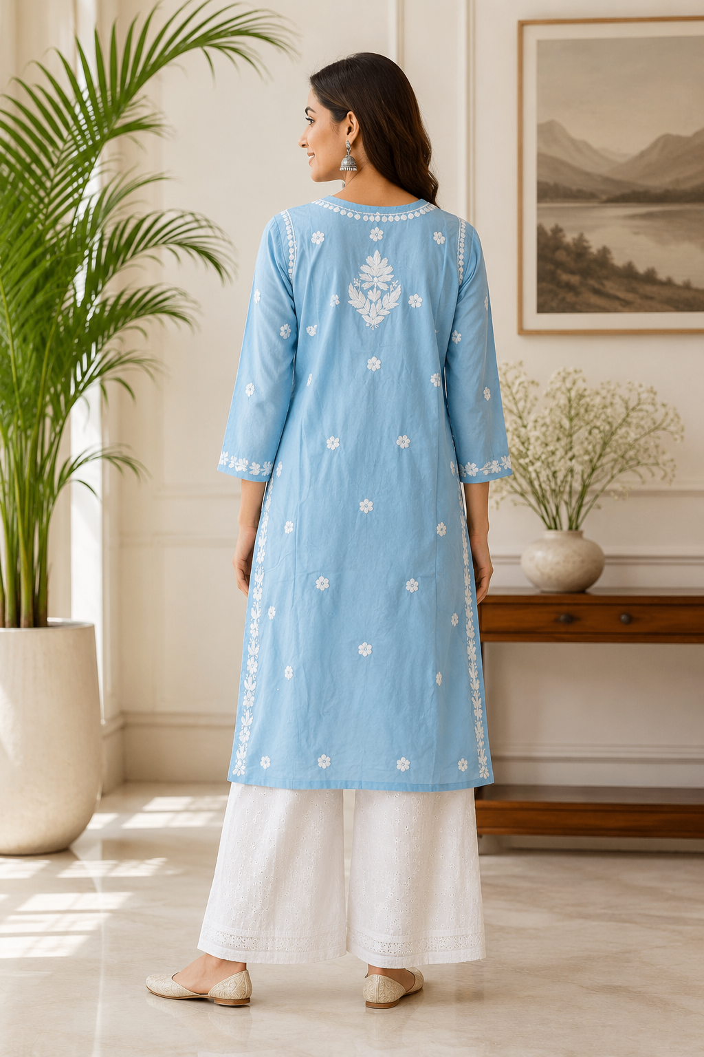 Karigiri Sky Blue Chikankari Soft Mulmul Cotton Kurti Women_KF0182