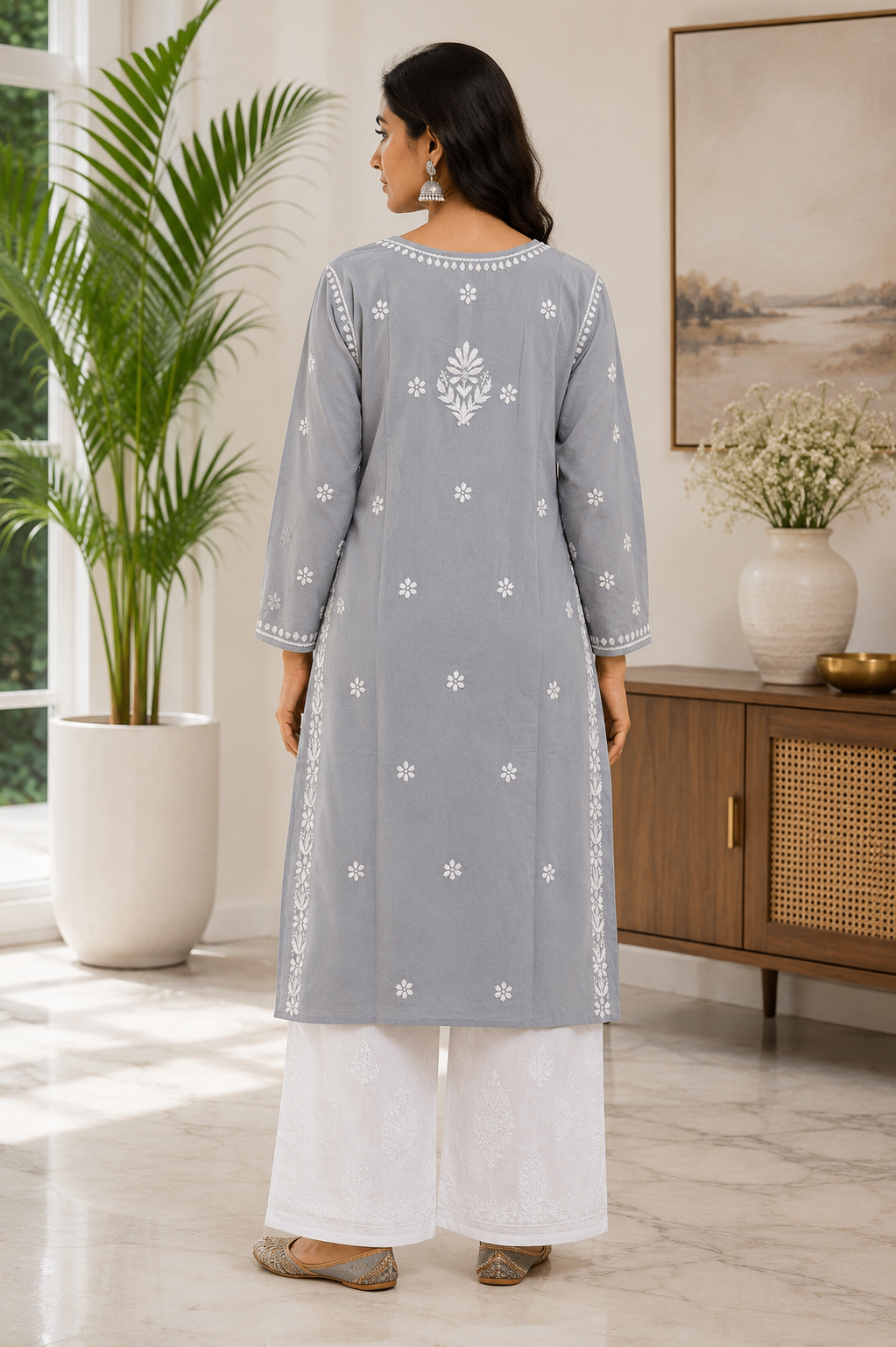 Karigiri Grey Mulmul Cotton Chikankari Kurti Women_KF0040