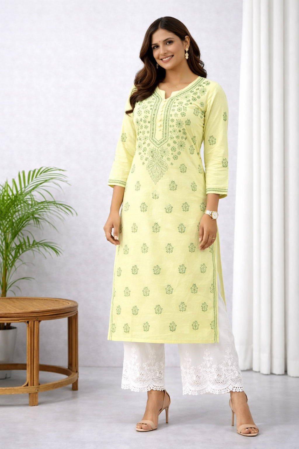 Karigiri Lemon Green Chikankari Cotton Kurti_KF0079