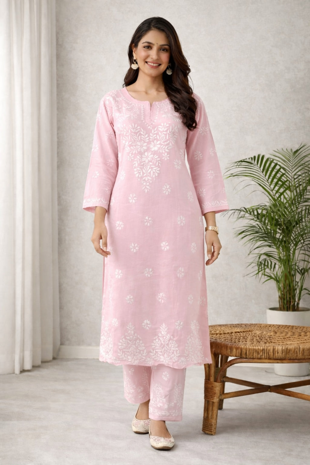 Karigiri Blush Pink Chikankari Cotton Kurti Set_KF0019