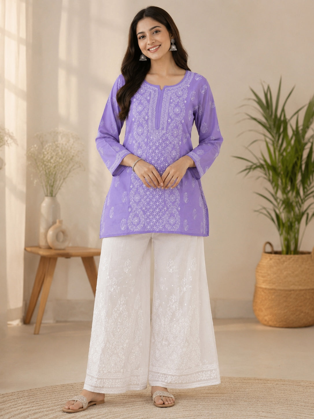 Karigiri Lavender Hand Embroidered Cotton Short Kurti_KF0301