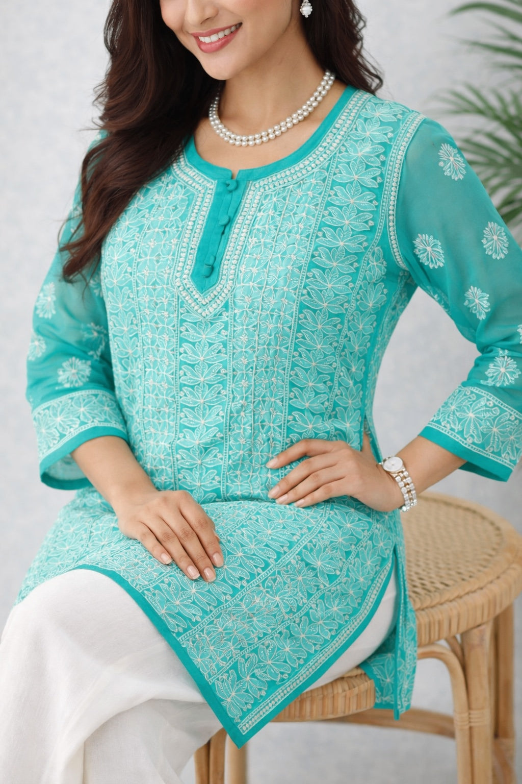 Karigiri Sea Green Chikankari Georgette Short Kurti_KF0178