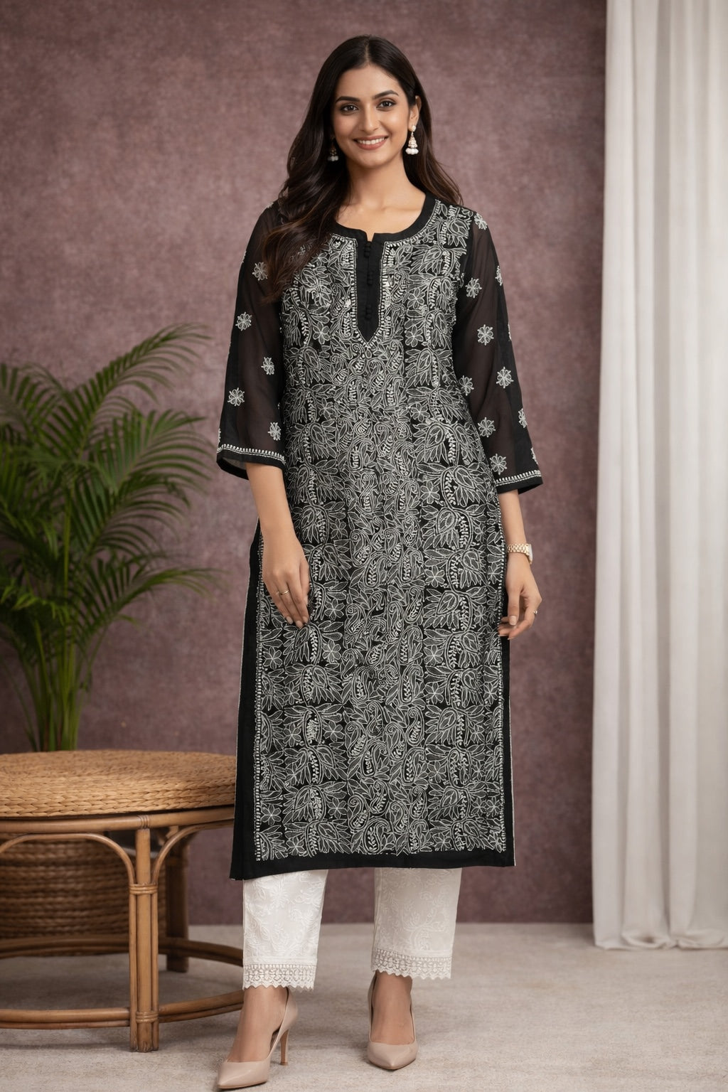 Karigiri Black Chikankari Georgette Jaaldar Kurti_KF0012