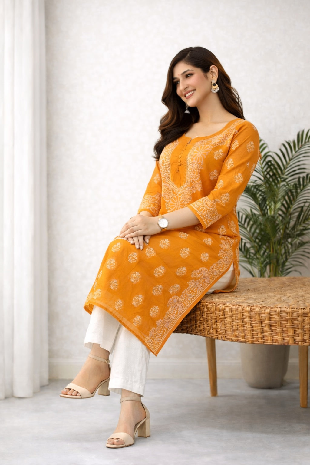 Karigiri Mustard Yellow Chikankari Cotton Kurti Women_KF0134
