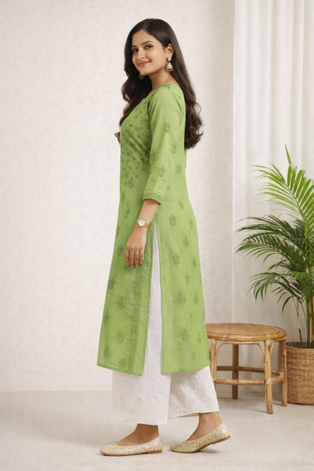 Karigiri Pistachio Green Chikankari Cotton Kurti Women_KF0156
