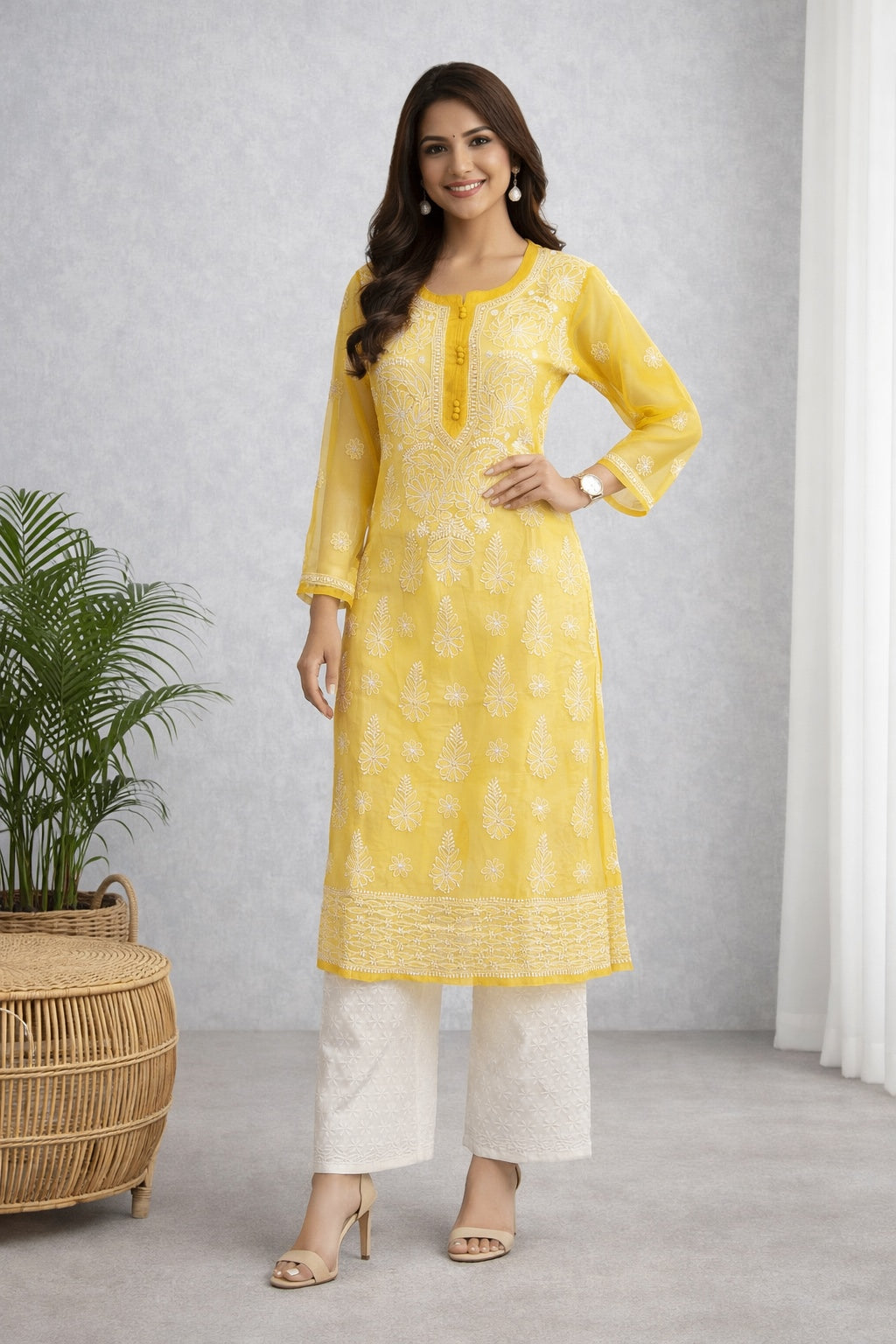 Karigiri Sunshine Yellow Georgette Chikankari Kurti Women_KF0056