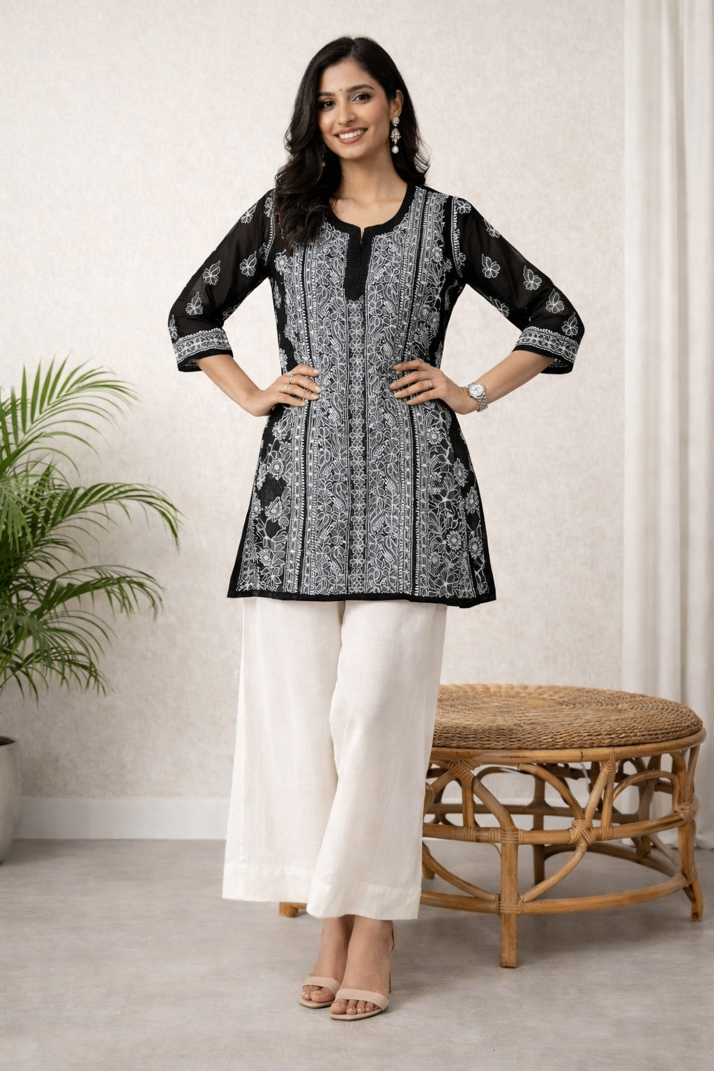 Karigiri Black Georgette Chikankari Short Kurti_KF0014