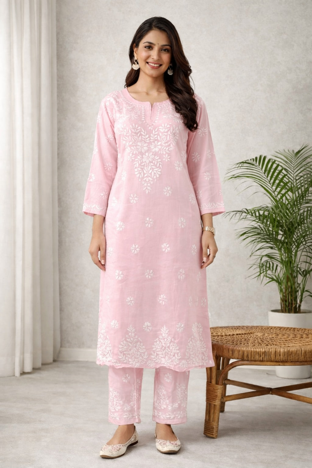 Karigiri Blush Pink Chikankari Cotton Kurti Set_KF0019