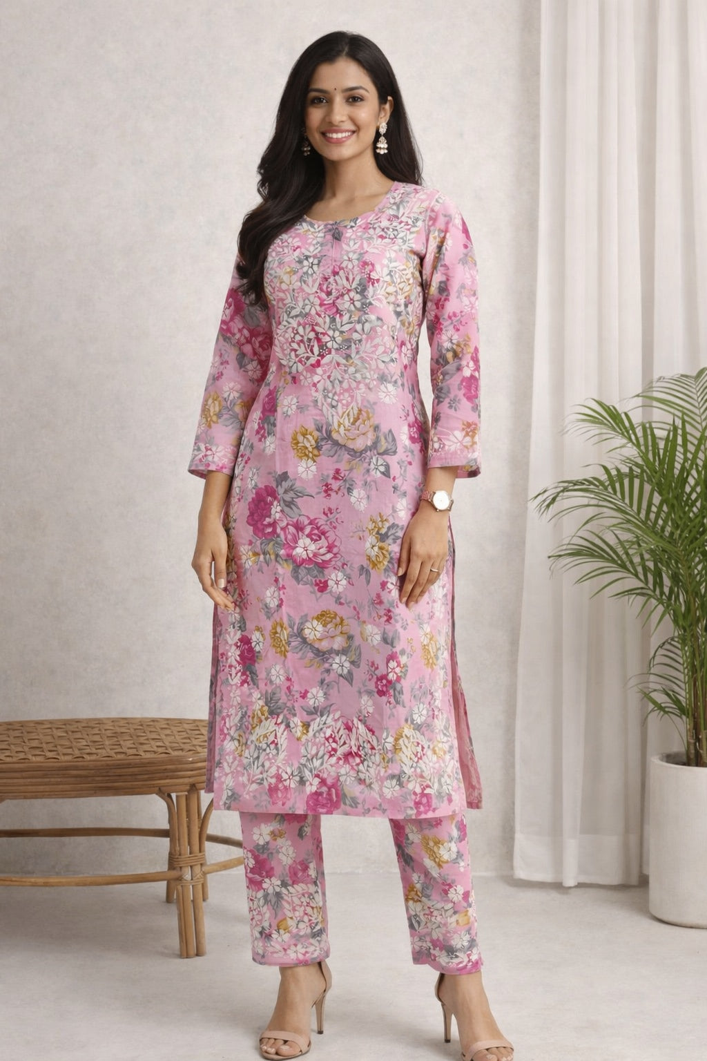 Karigiri Pink Floral Chikankari Printed Cotton Kurti Set_KF0147