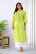 Karigiri Lime Green Chikankari Cotton Kurti Women_KF0080
