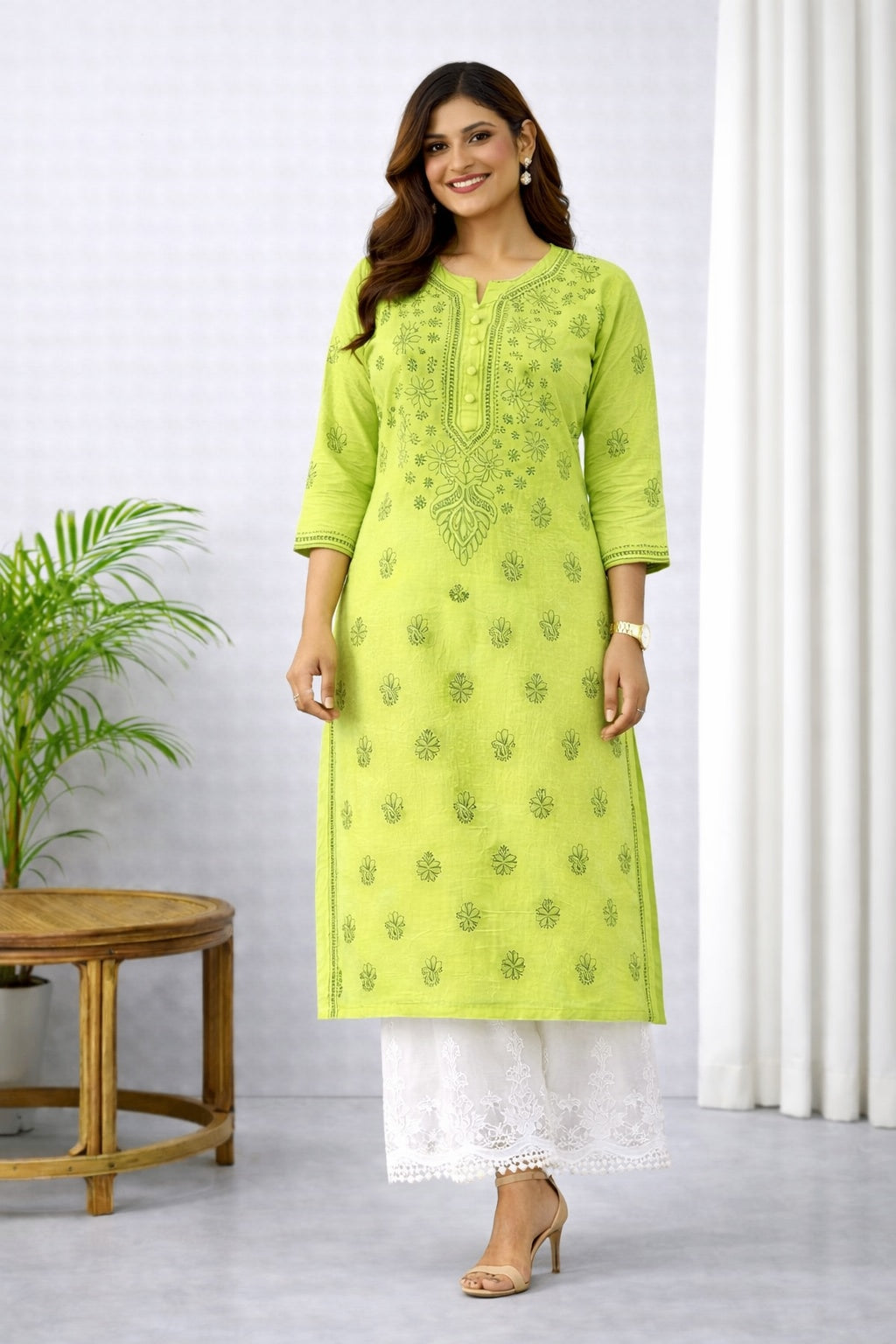 Karigiri Lime Green Chikankari Cotton Kurti Women_KF0080