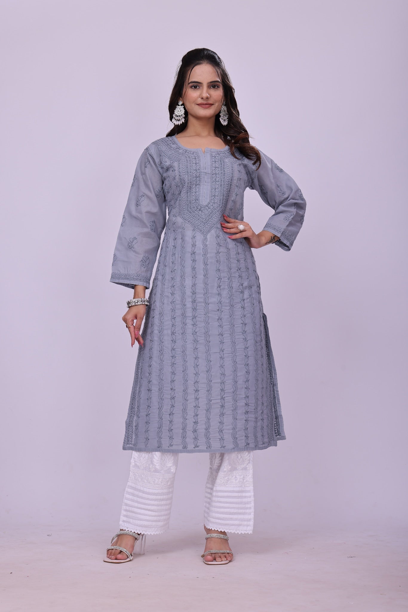 Karigiri Grey Chikankari Cotton Kurti for Women_KF0210