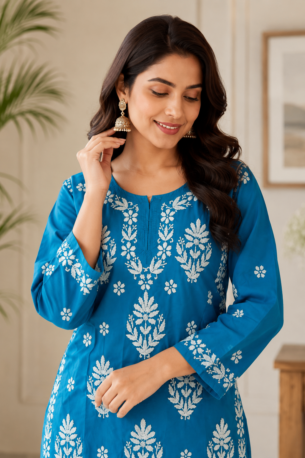Karigiri Royal Blue Chikankari Mulmul Cotton Kurti_KF0174
