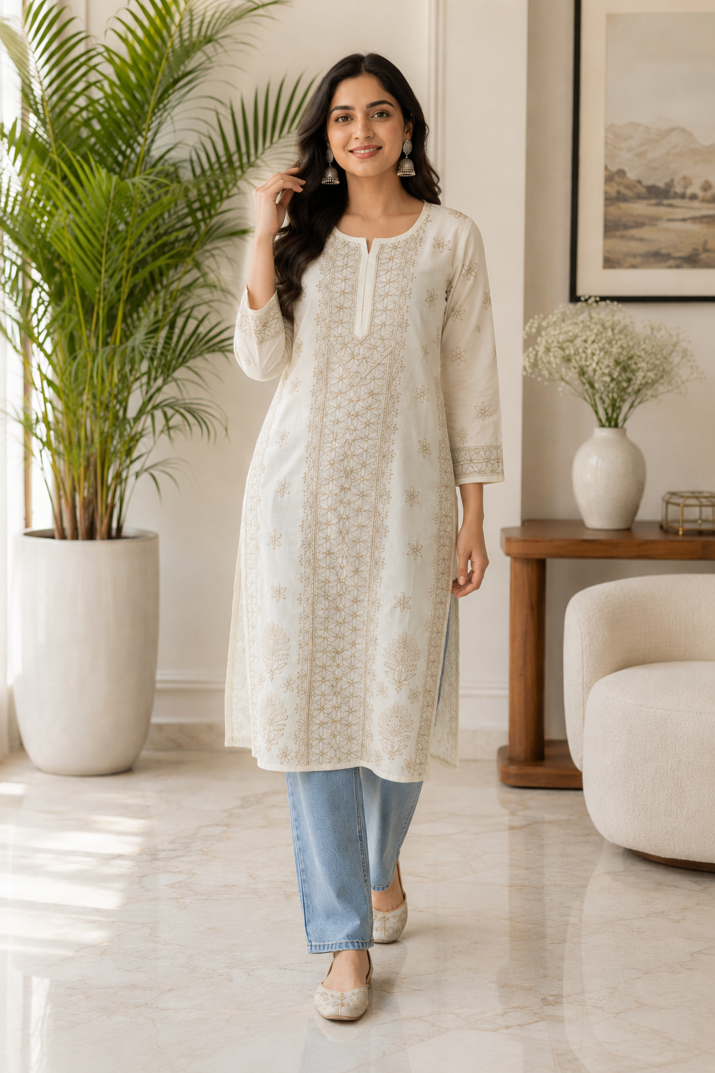 Karigiri Off-White Chikankari Cotton Long Kurti_KF0135