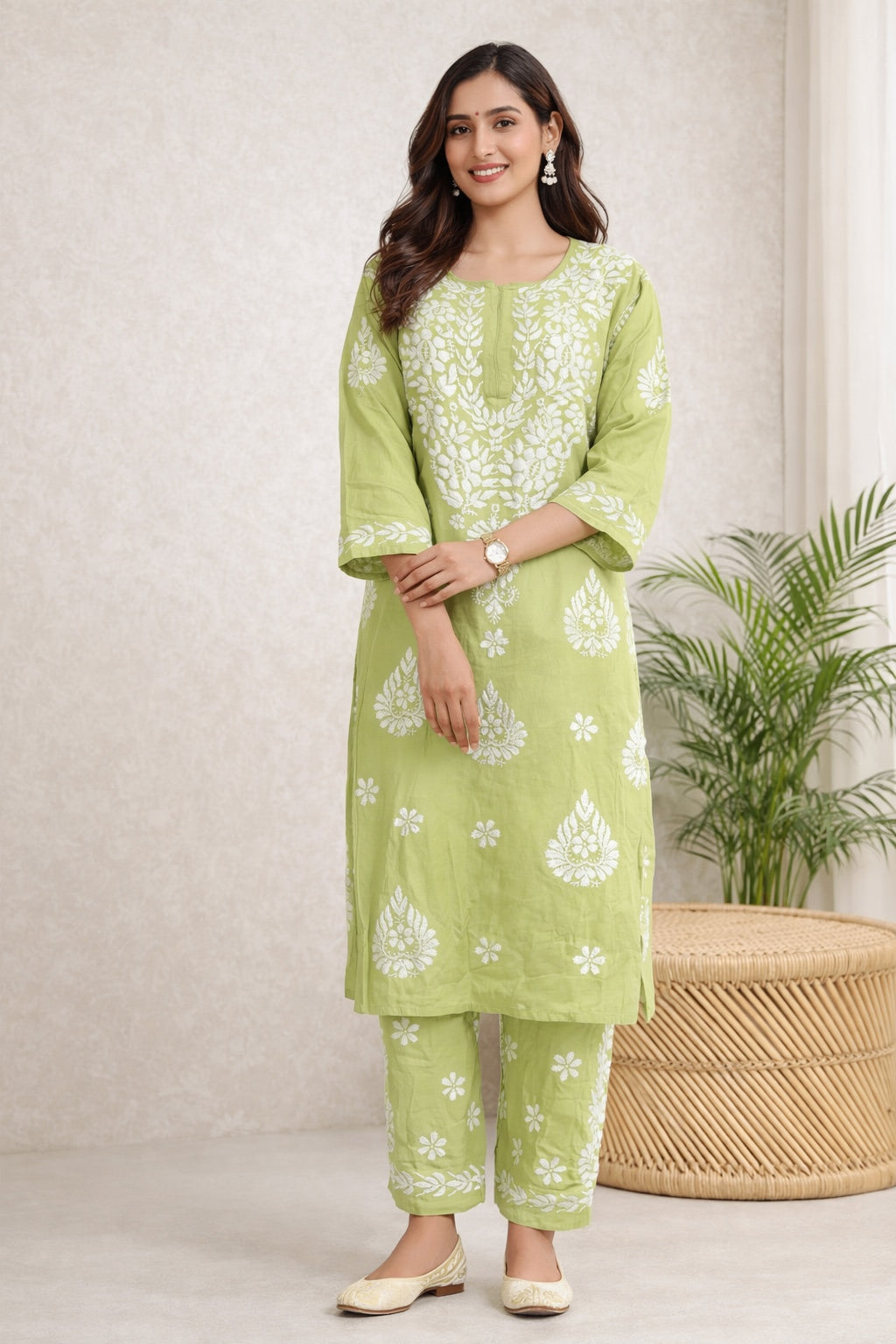 Karigiri Pistachio Green Chikankari Soft Mulmul Cotton Kurti Set_KF0155