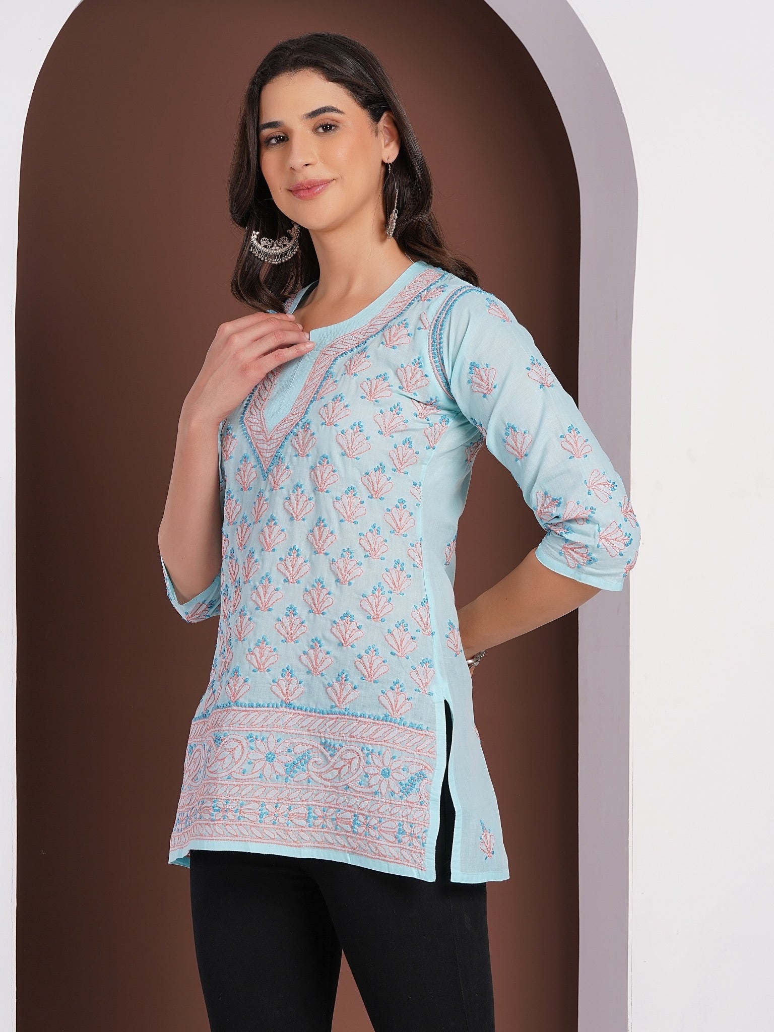 Karigiri Powder Blue Chikankari Hand Embroidered Pure Cotton Straight Hip Length Short Kurti, 3/4 Sleeve