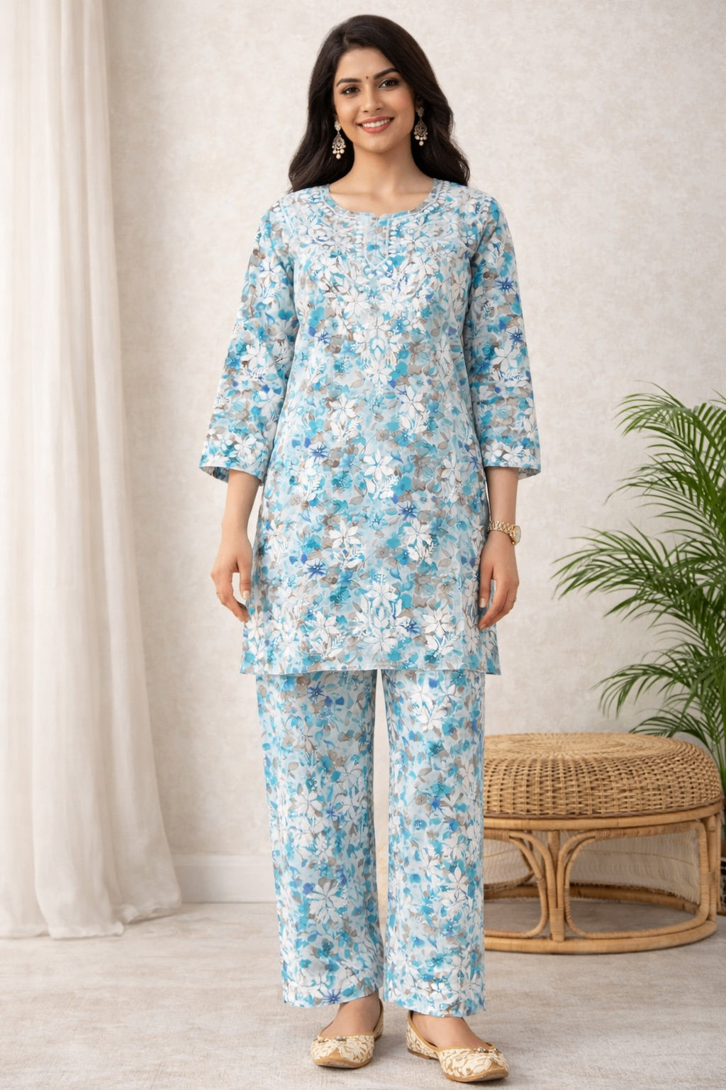 Karigiri Sky Blue Chikankari Co-ord Set Women_KF0180