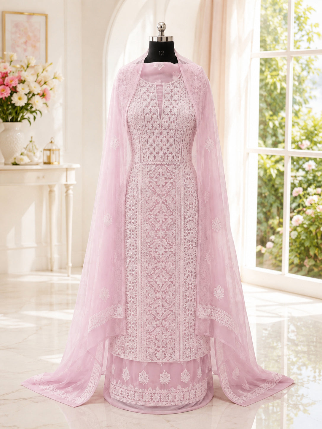 Karigiri Blush Pink Hand Embroidered Georgette Dress Set_AFG053