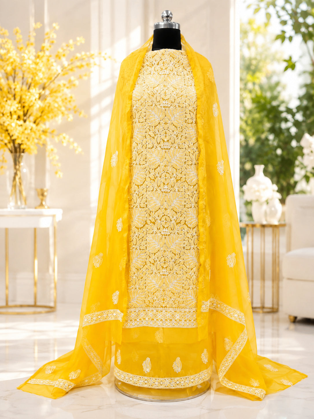 Karigiri Golden Yellow Hand Embroidered Georgette 3-Piece_AFG039