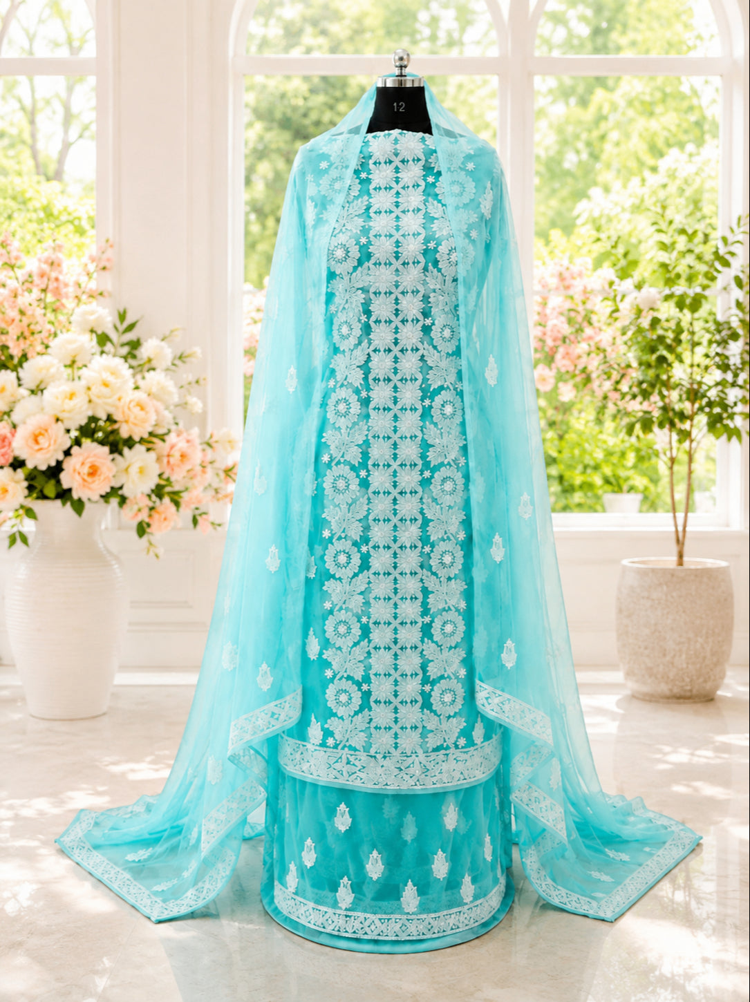 Karigiri Aqua Blue Hand Embroidered Georgette Chikankari_AFG062