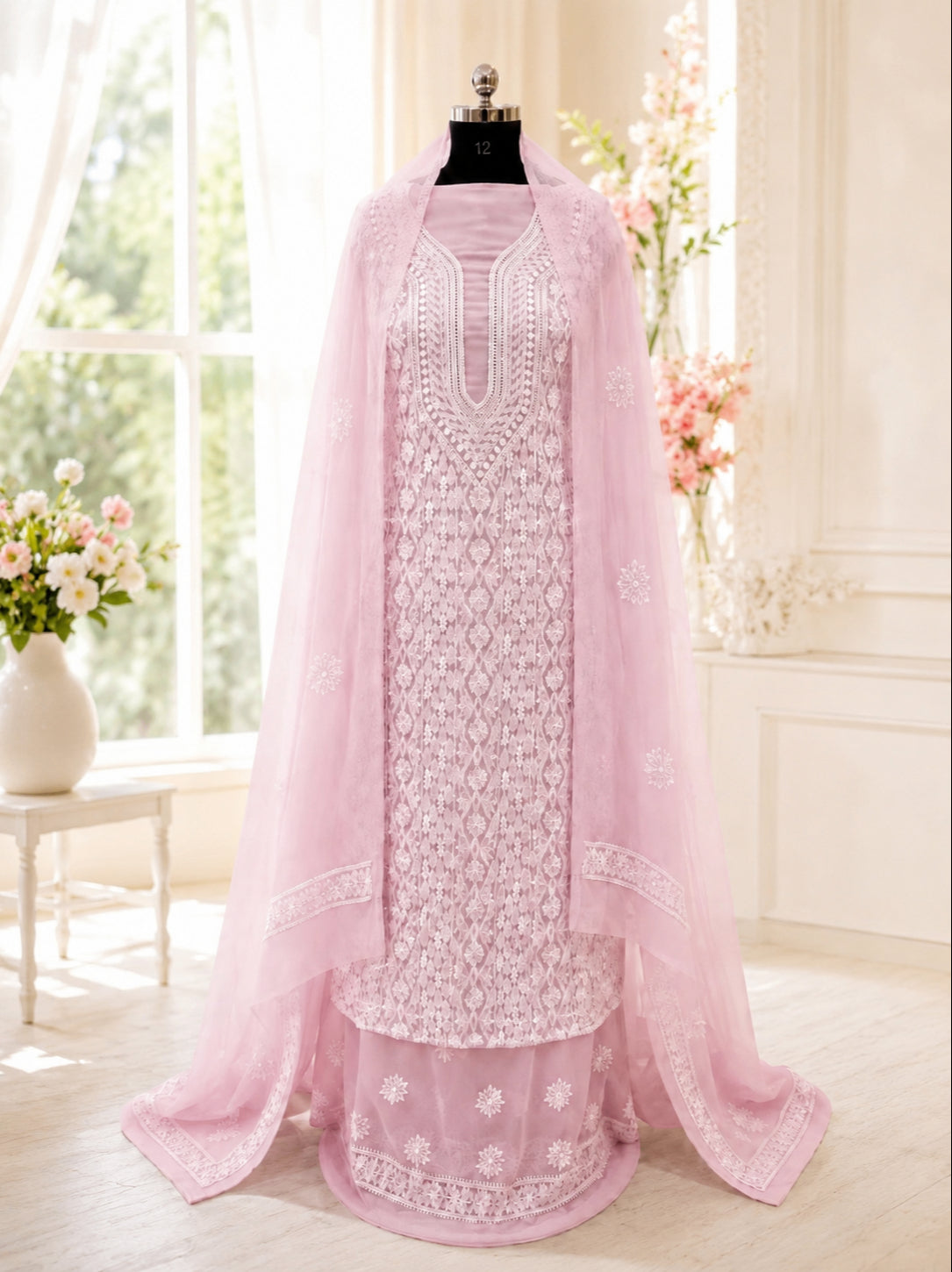 Karigiri Blush Pink Hand Embroidered Georgette Dress Set_AFG056
