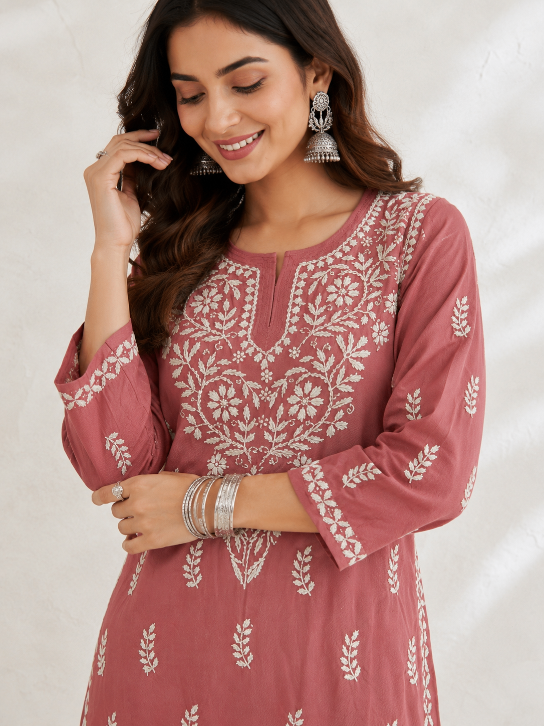 Karigiri Rose Pink Lucknowi Chikankari Hand Embroidered Soft Mulmul Cotton Straight Kurti for Women, 3/4 Sleeve, Calf Length Ethnic Wear_KFRP0416