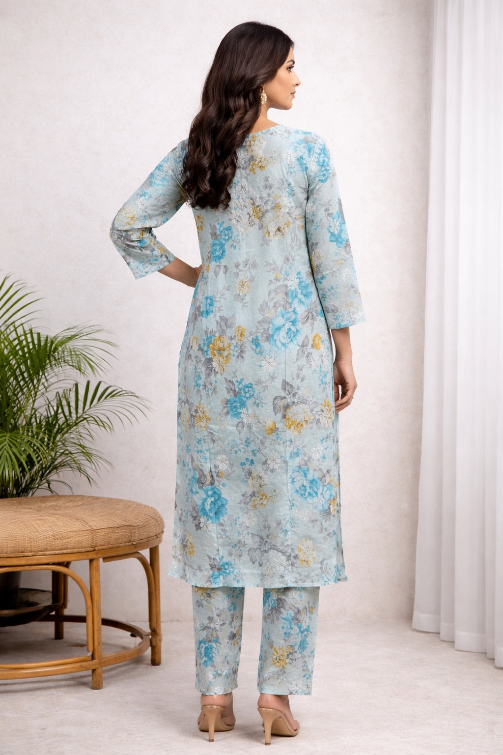 Karigiri Sky Blue Chikankari Cotton Kurti Pant Set_KF0181