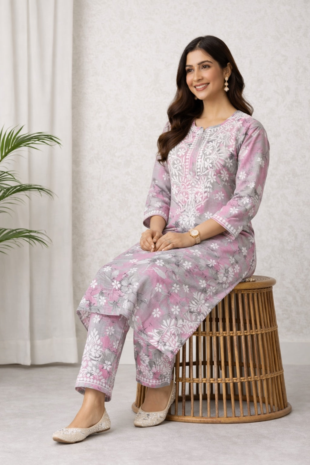 Karigiri Blush Pink Chikankari Cotton Kurti Set_KF0021