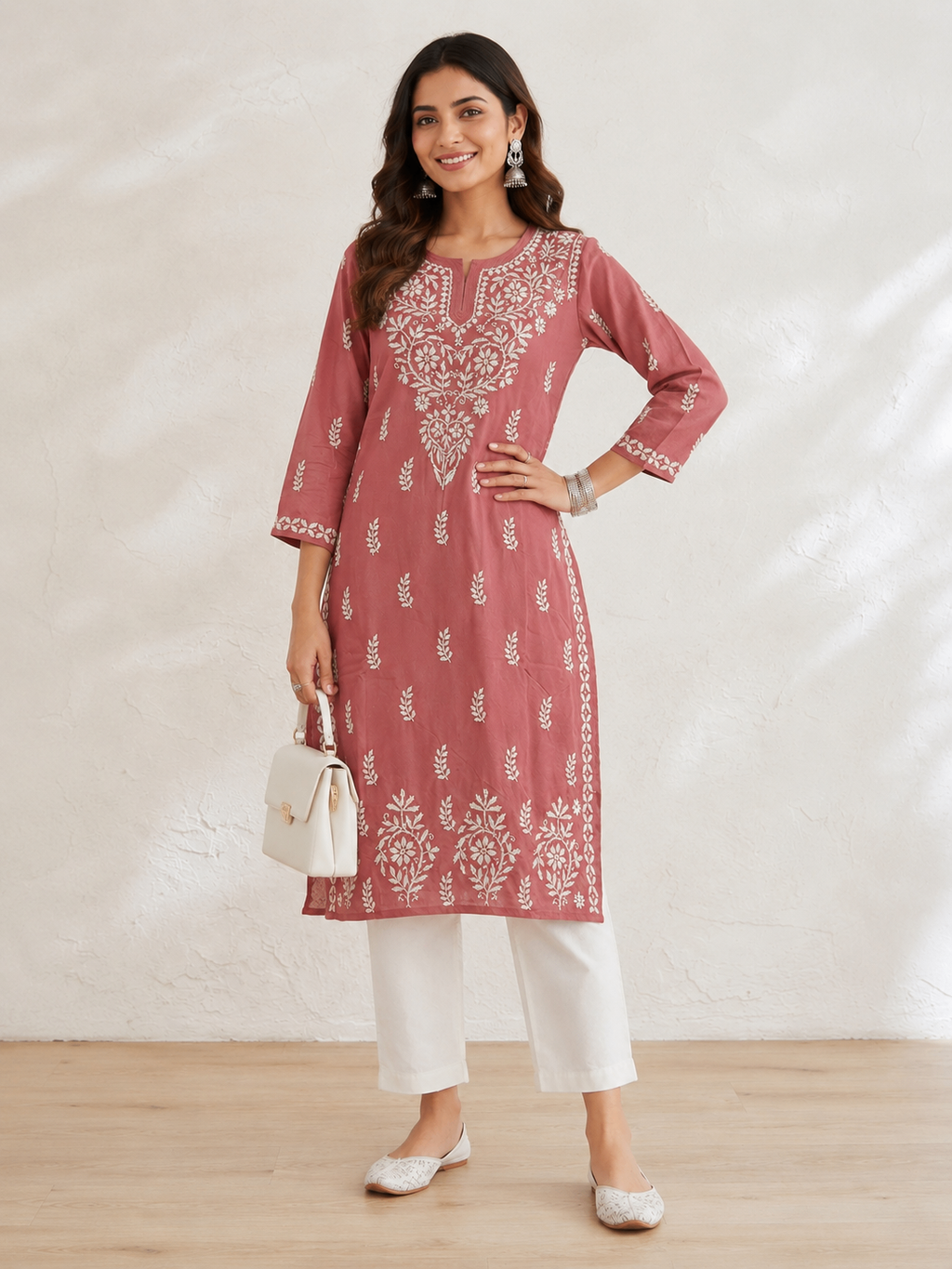 Karigiri Rose Pink Lucknowi Chikankari Hand Embroidered Soft Mulmul Cotton Straight Kurti for Women, 3/4 Sleeve, Calf Length Ethnic Wear_KFRP0416