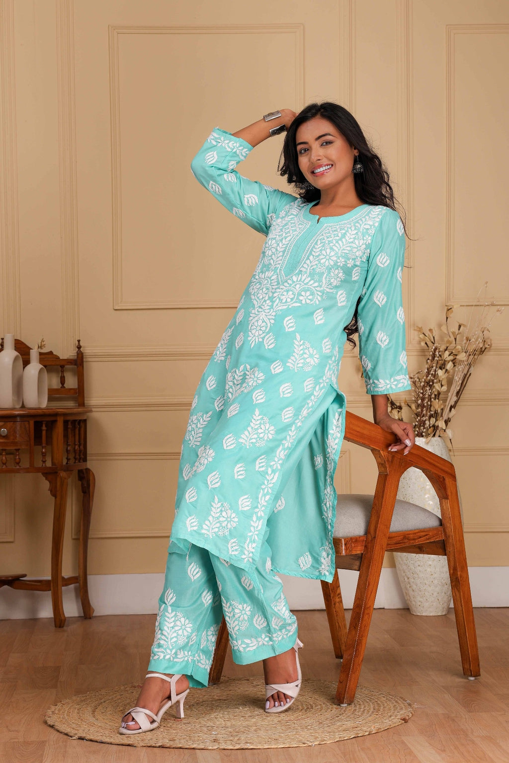 Karigiri Aqua Green Chikankari Hand Embroidered Muslin Kurti Set with White Floral Motifs, 3/4 Sleeves