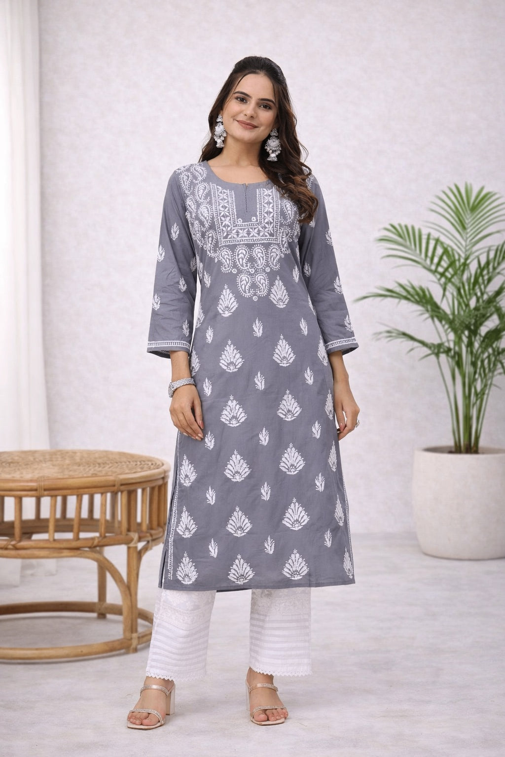 Karigiri Grey Chikankari Modal Cotton Kurti_KF0041
