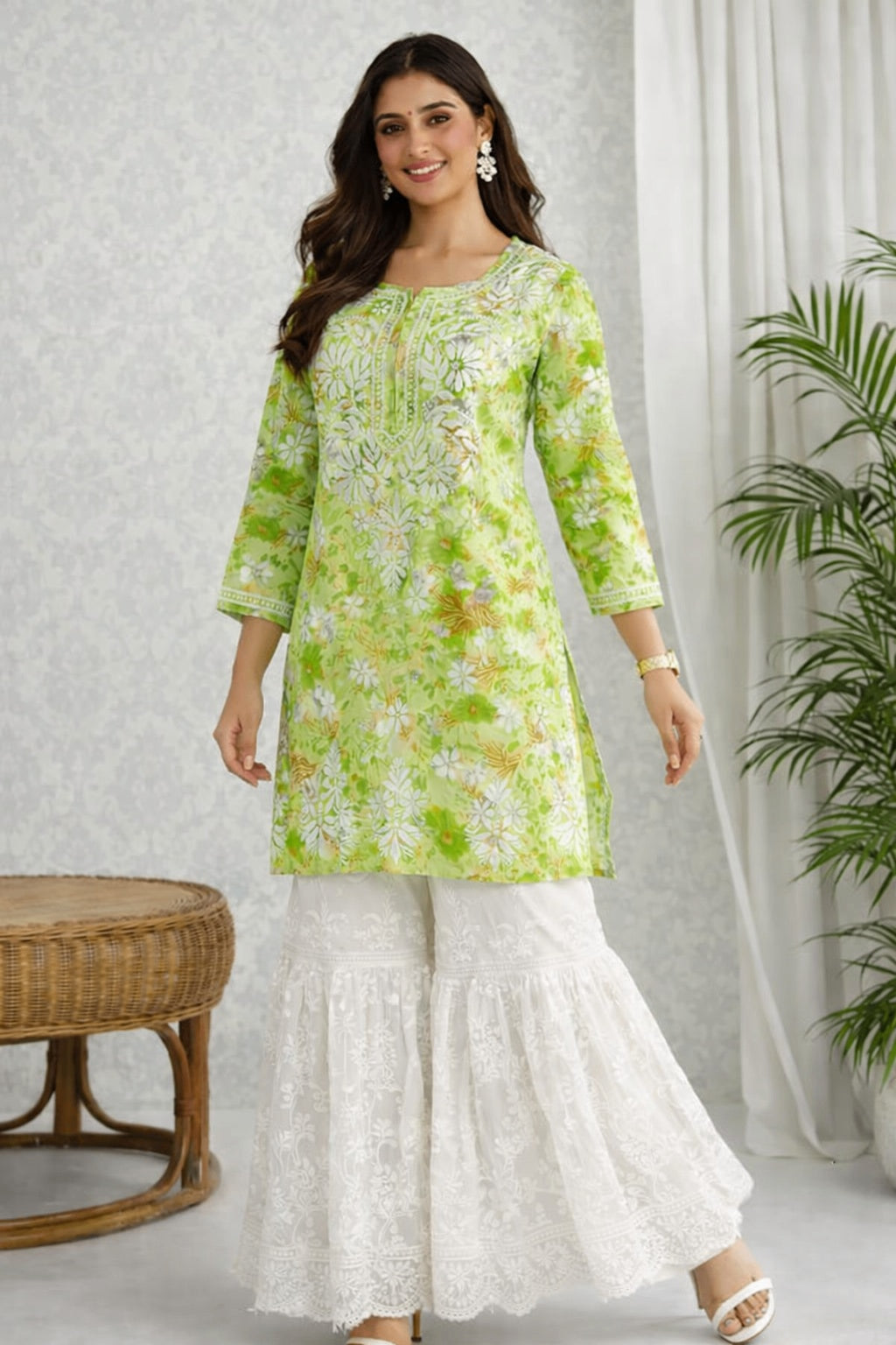 Karigiri Green Floral Chikankari Printed Cotton Short Kurti_KF0033