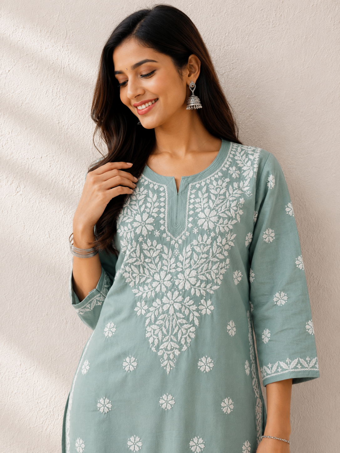 Karigiri Sage Green Lucknowi Chikankari Hand Embroidered Soft Mulmul Cotton Straight Kurti for Women, 3/4 Sleeve, Calf Length Ethnic Wear_KFSG0415