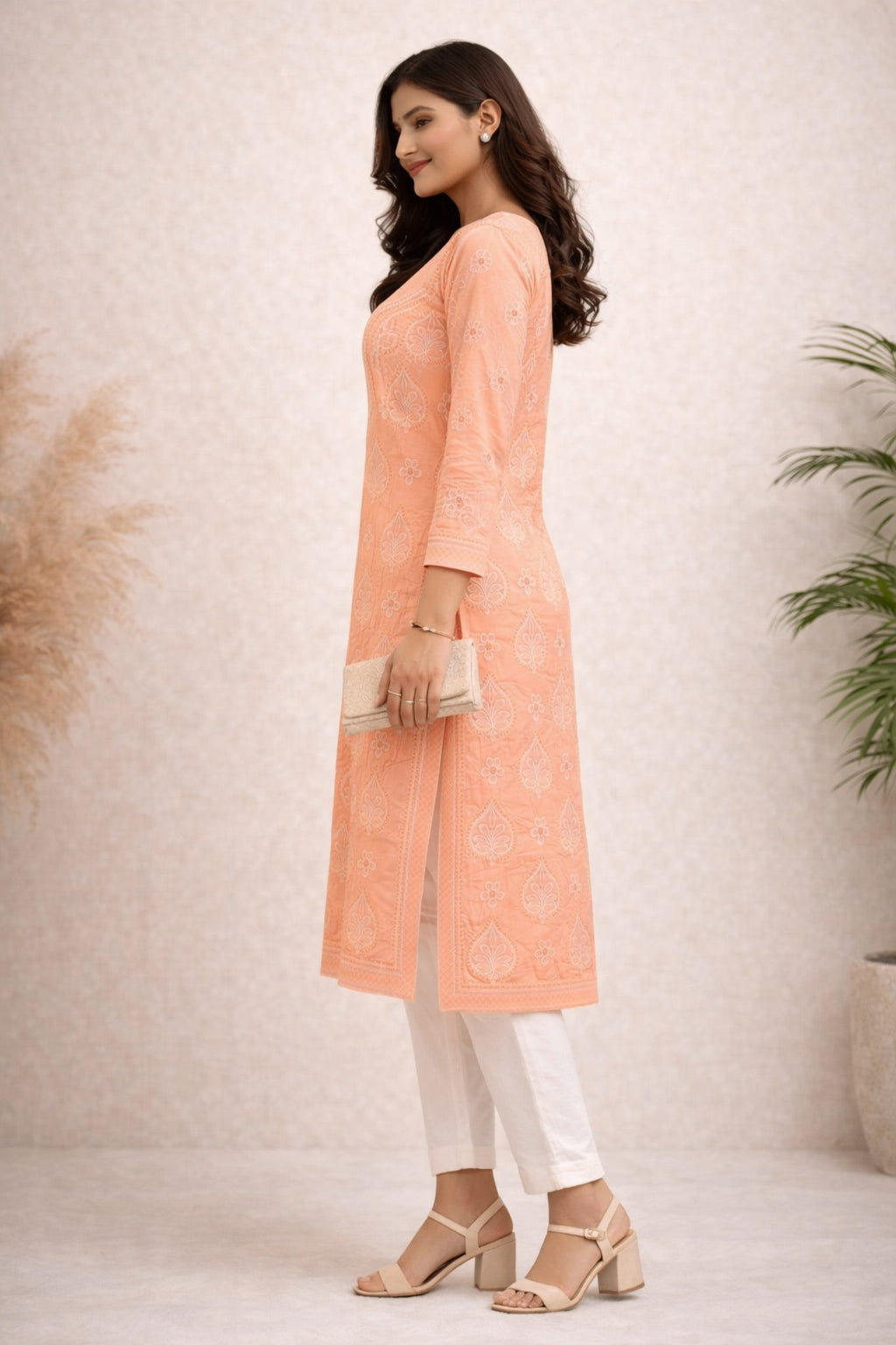Karigiri Peach Chikankari Cotton Kurti Women_KF0092