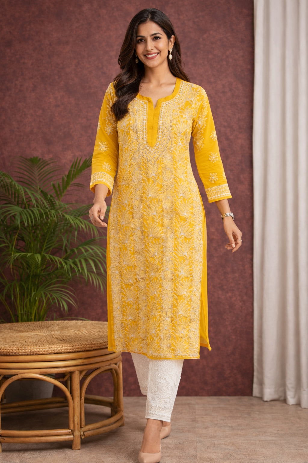 Karigiri Mustard Yellow Georgette Chikankari Kurti Women_KF0132