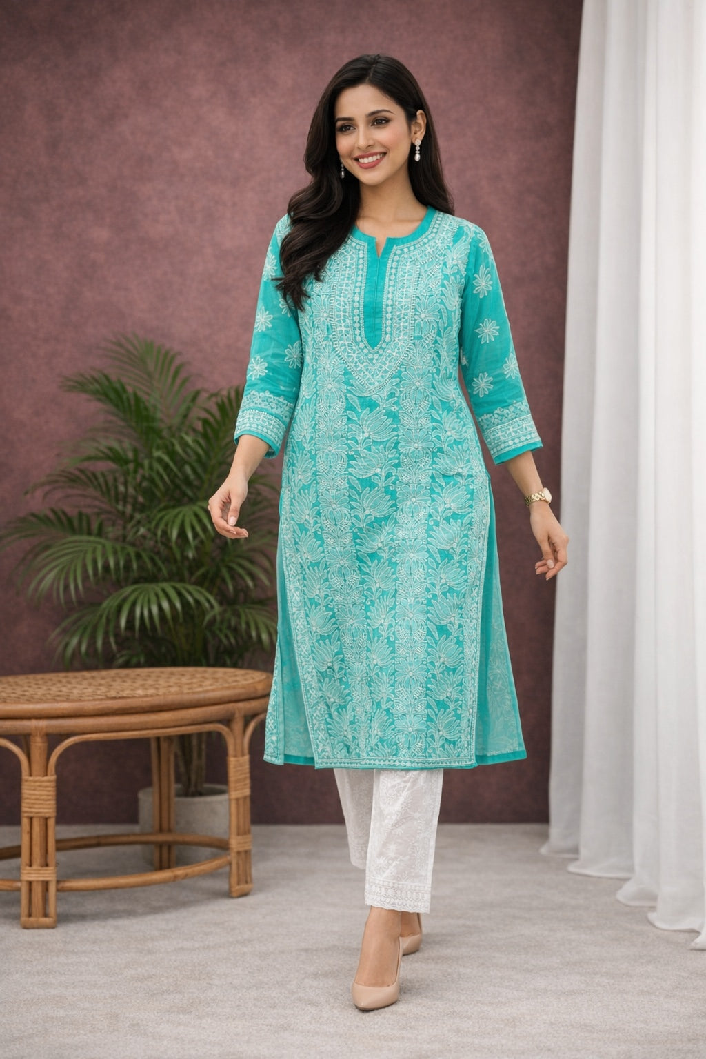 Karigiri Sea Green Chikankari Georgette Kurti_KF0071