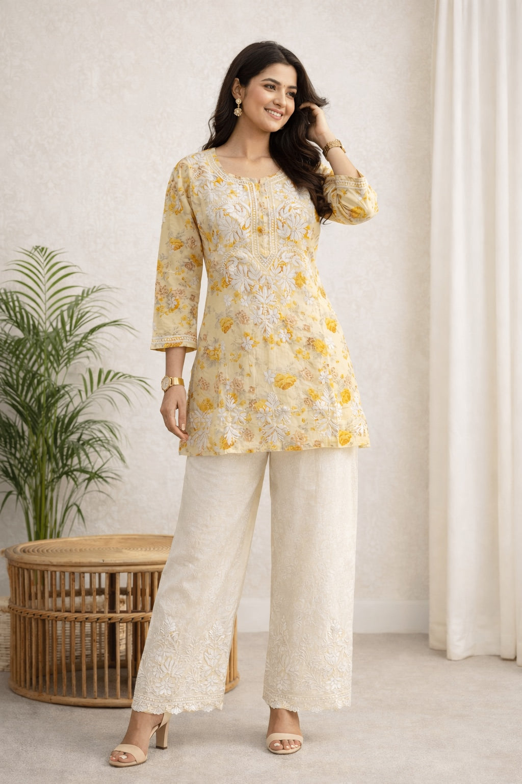 Karigiri Yellow Floral Chikankari Printed Cotton Short Kurti_KF0131