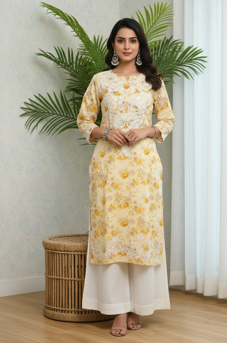 Karigiri Yellow Floral Chikankari Printed Cotton Kurta Women_KF0087