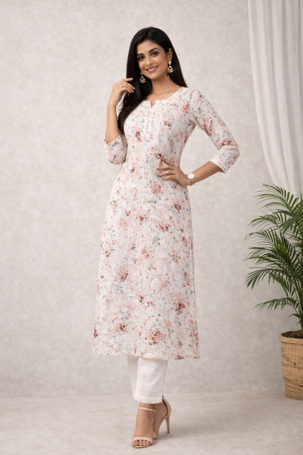 Karigiri Off-White Peach Floral Printed Chikankari Kurta_KF0215