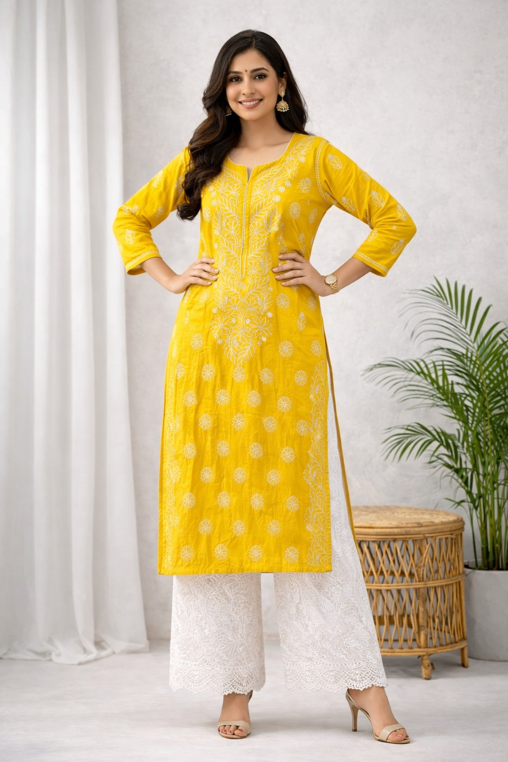 Karigiri Yellow Chikankari Rayon Cotton Kurti Women_KF0100
