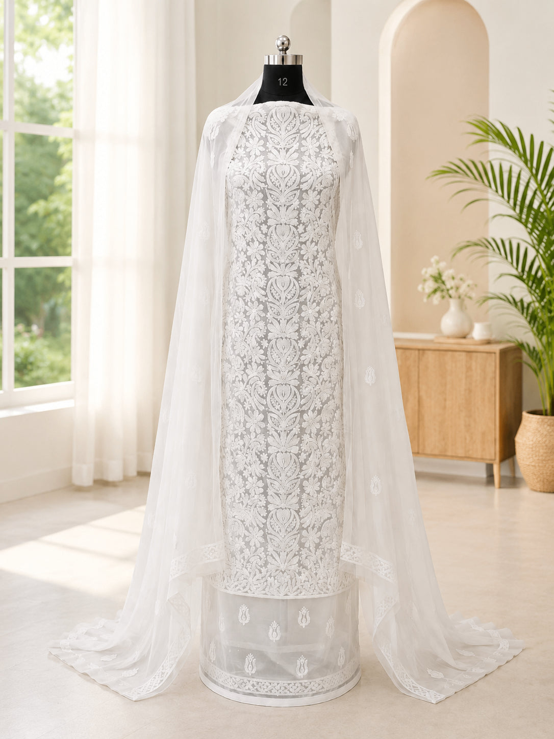 Karigiri White Hand Embroidered Georgette Chikankari 3-Piece Dress Material_AFG001