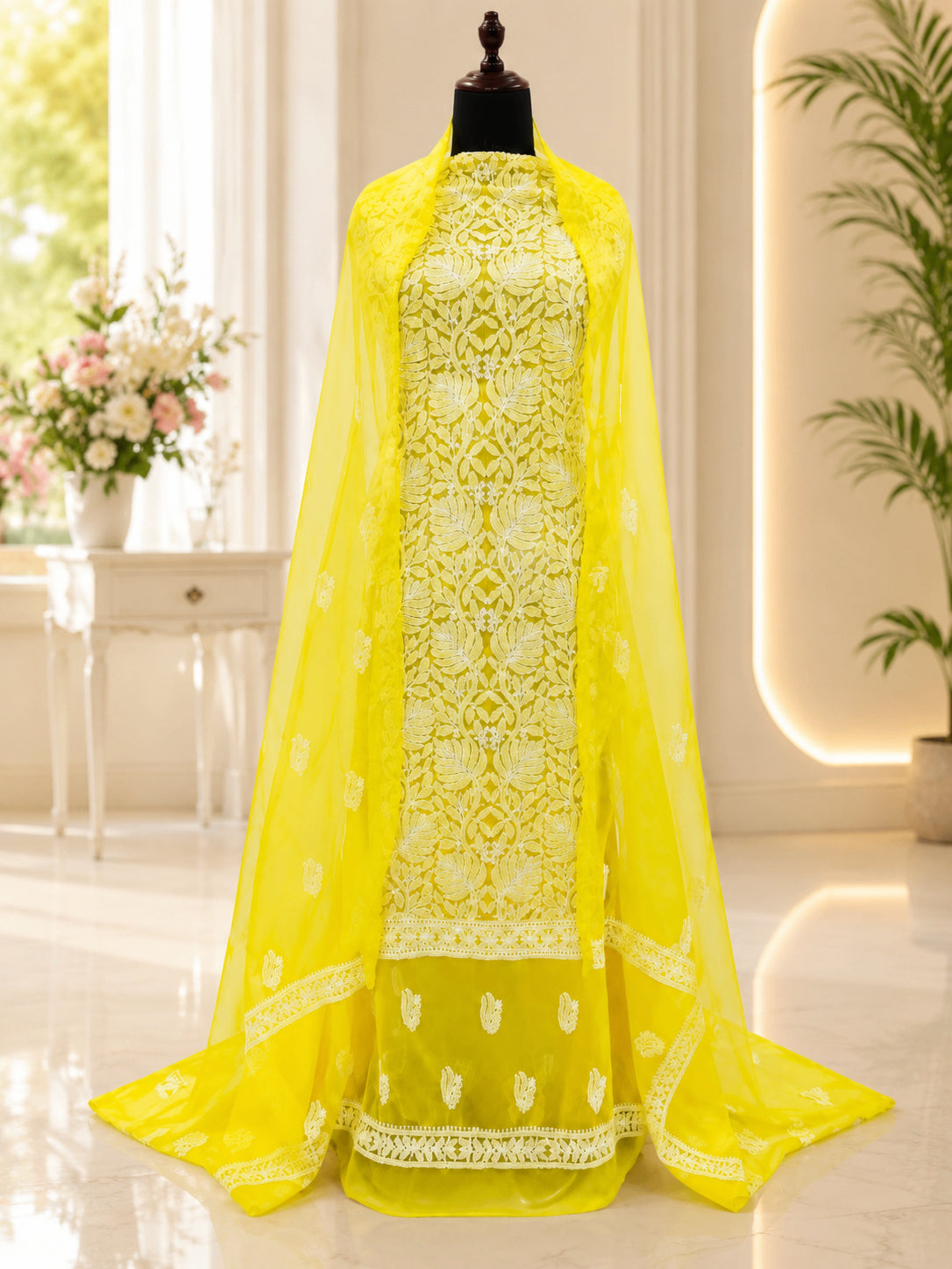 Karigiri Neon Lemon Hand Embroidered Georgette Suit_AFG021
