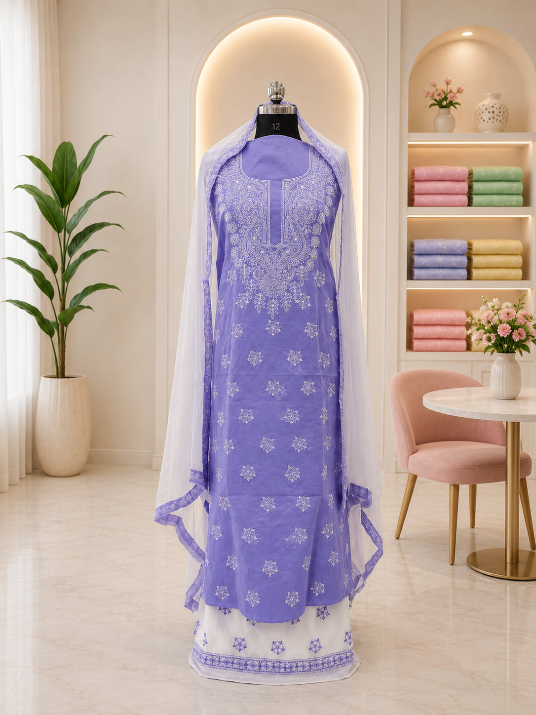 Karigiri Lavender Hand Embroidered Cotton 3-Piece Set_AFC012