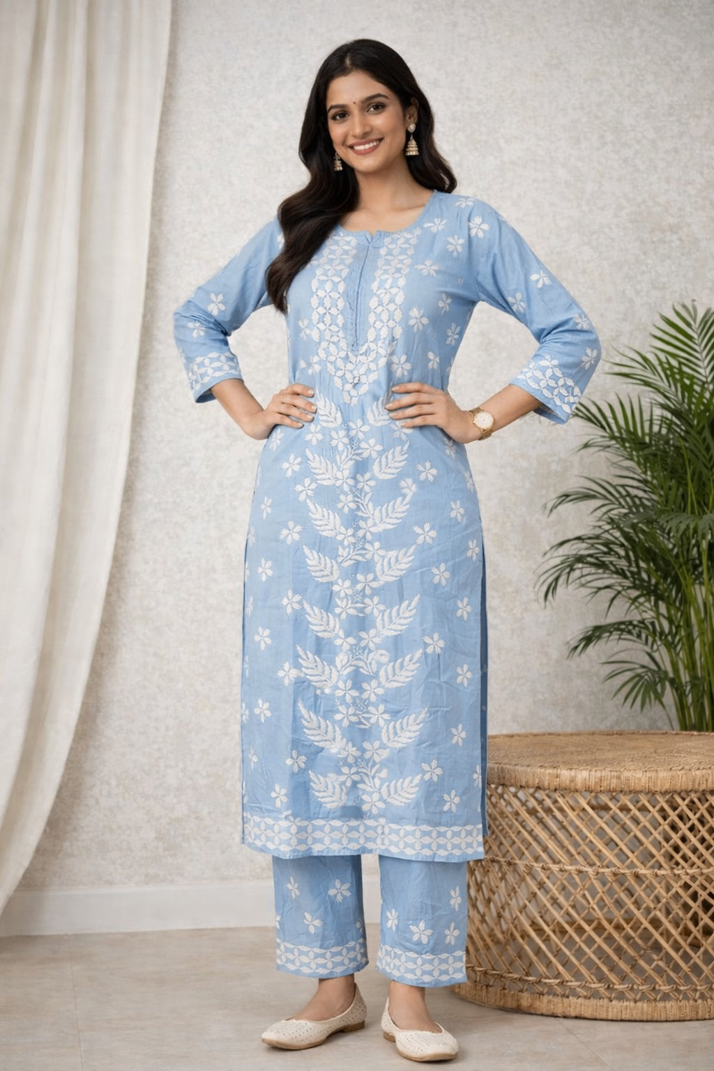 Karigiri Sky Blue Floral Chikankari Soft Mulmul Cotton Kurti Set_KF0179