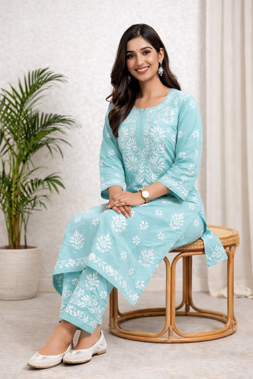 Karigiri Sea Green Chikankari Cotton Kurti Set_KF0165