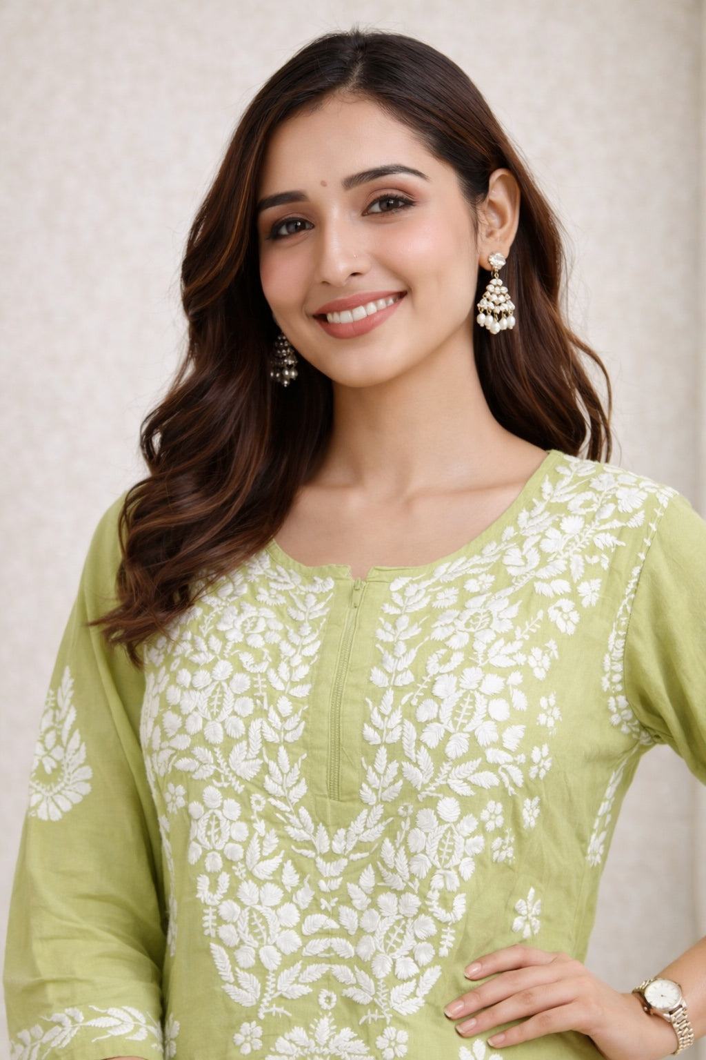 Karigiri Pistachio Green Chikankari Soft Mulmul Cotton Kurti Set_KF0155