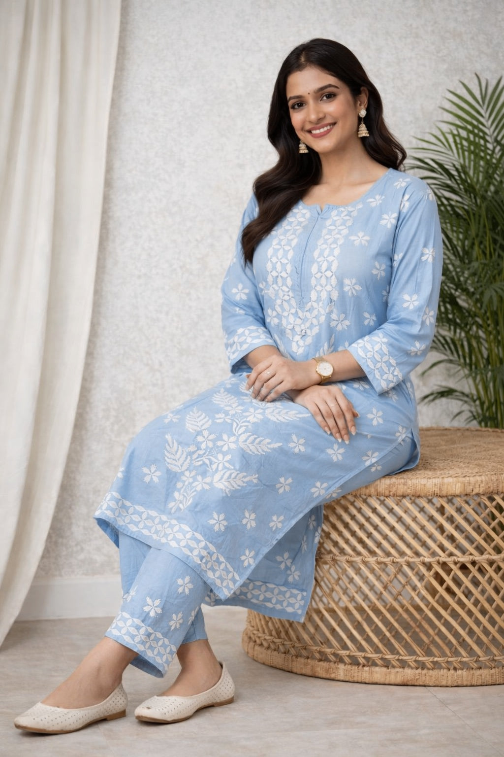 Karigiri Sky Blue Floral Chikankari Soft Mulmul Cotton Kurti Set_KF0179