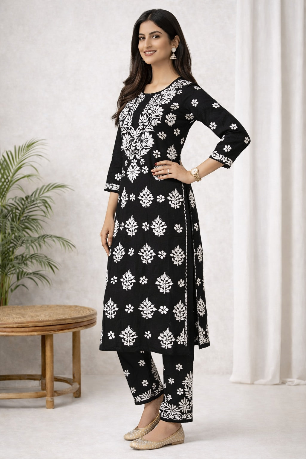 Karigiri Black White Chikankari Cotton Kurti Set_KF0009