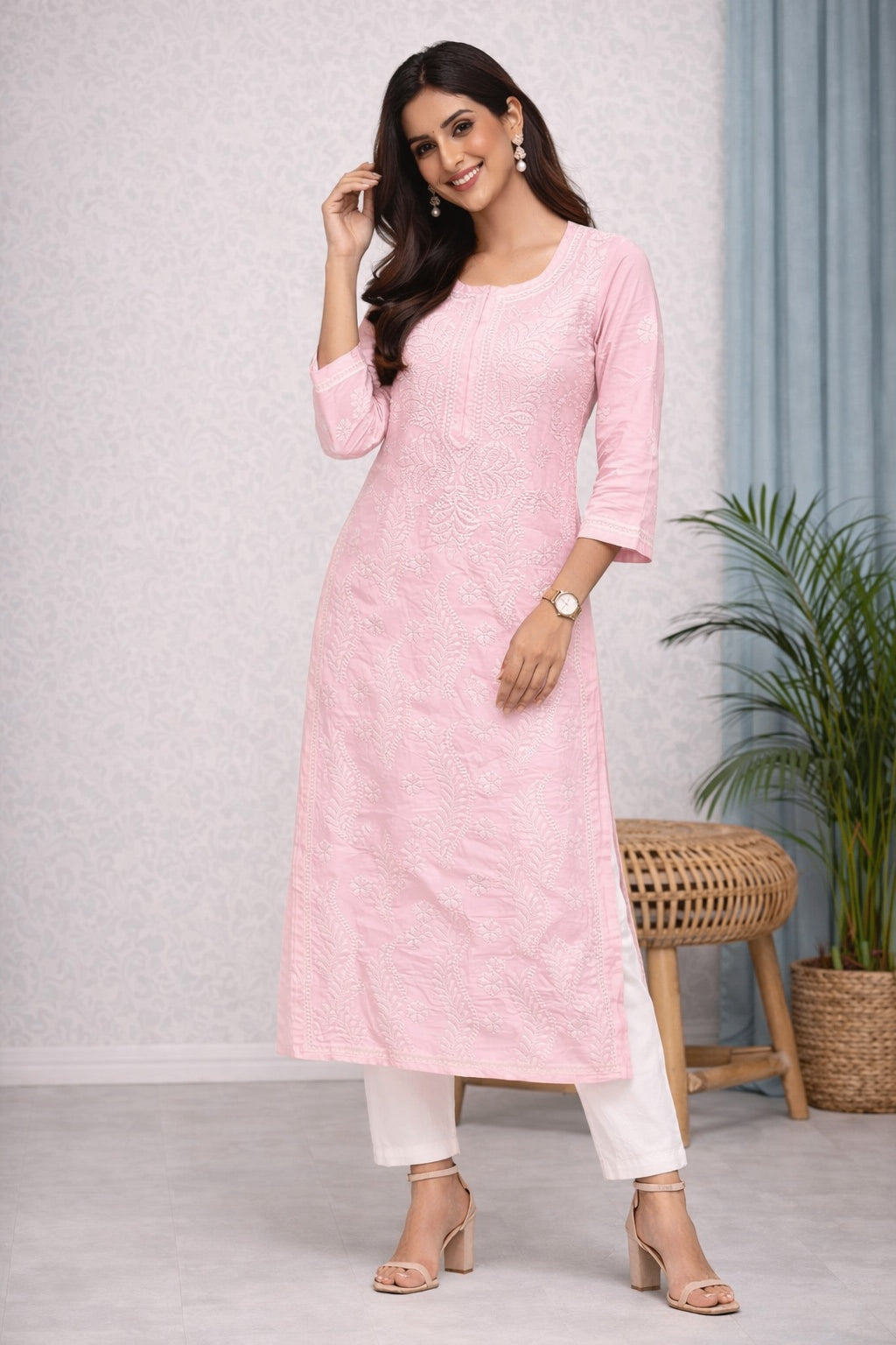 Karigiri Women’s Pure Soft Cotton Kurti, Blush Pink with Lucknowi Chikankari Embroidery, Straight Fit, Round Neck, 3/4 Sleeves